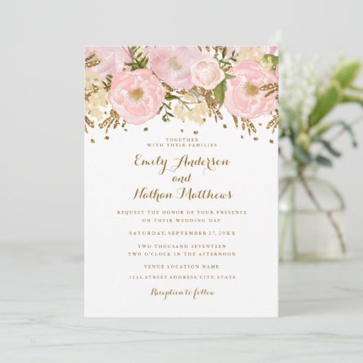  Blush Roze Gouden Bloemen Huwelijksuitnodiging Kaart (Staand voorkant)