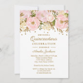  Blush Roze Gouden Bloemen Quinceanera Kaart (Voorkant)