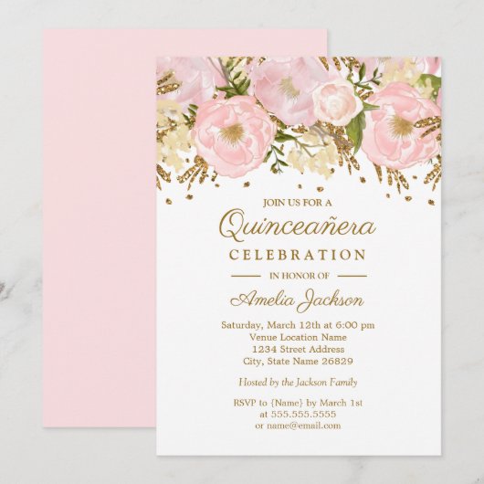 Blush Roze Gouden Bloemen Quinceanera Kaart (Voorkant / Achterkant)