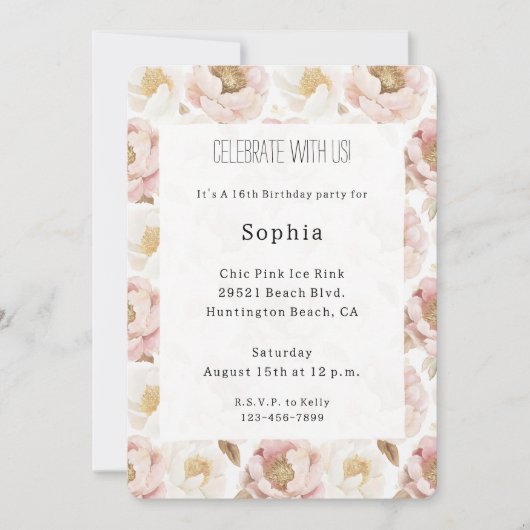Blush Roze Gouden Bloemen Verjaardag Kaart (Voorkant)