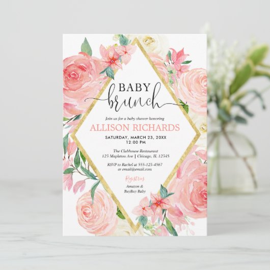 Blush roze gouden bloemen waterverf meisje baby br kaart (Staand voorkant)