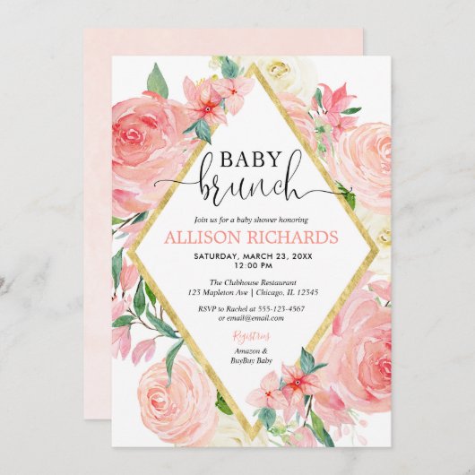 Blush roze gouden bloemen waterverf meisje baby br kaart (Voorkant / Achterkant)