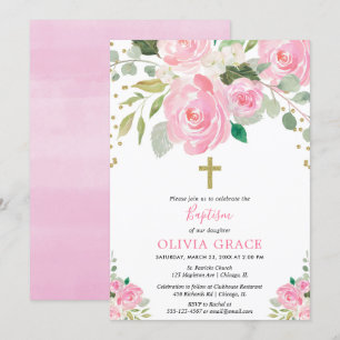 Blush roze gouden bloemen waterverven doop meisje kaart