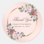 Blush roze gouden bloemenbruiloft bedankt ronde sticker (Voorkant)