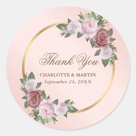 Blush roze gouden bloemenbruiloft bedankt ronde sticker (Voorkant)