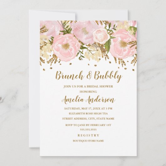 blush roze gouden bloemenbrunch en bubbels kaart (Voorkant)