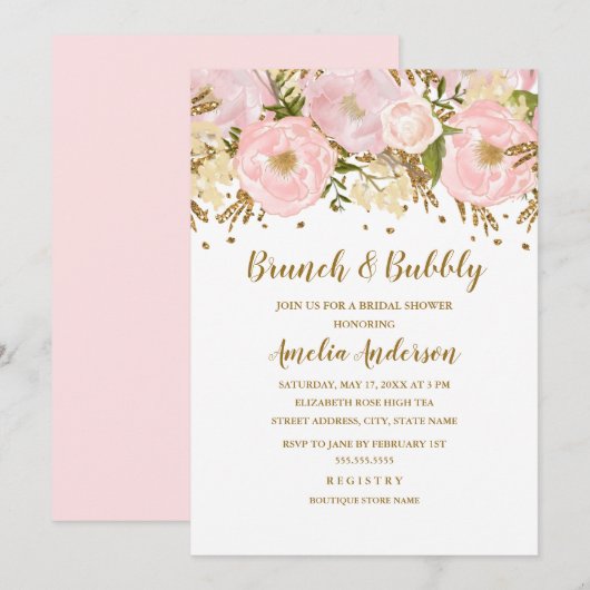  blush roze gouden bloemenbrunch en bubbels kaart (Voorkant / Achterkant)