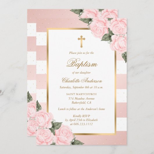 Blush roze gouden bloemendoop kaart (Voorkant / Achterkant)