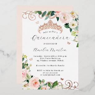 Blush Roze Gouden Bloemrijke Swirl Quinceanera Folie Uitnodiging