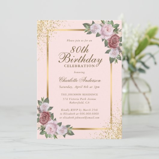 Blush roze gouden Confetti Bloemen 80ste Verjaarda Kaart (Staand voorkant)