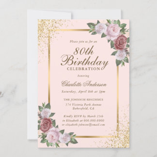 Blush roze gouden Confetti Bloemen 80ste Verjaarda Kaart