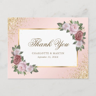 Blush roze gouden Confetti bloemenbruiloft bedankt Briefkaart