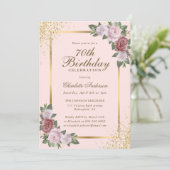 Blush roze gouden Confetti Floral 70e verjaardag Kaart (Staand voorkant)