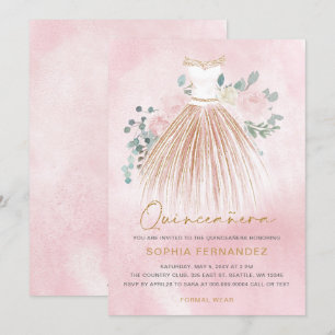 Blush Roze gouden glitter Bloemen Jurk Quinceañera Kaart