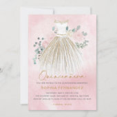 Blush Roze gouden glitter Bloemen Jurk Quinceañera Kaart (Voorkant)