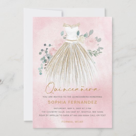 Blush Roze gouden glitter Bloemen Jurk Quinceañera Kaart (Voorkant)