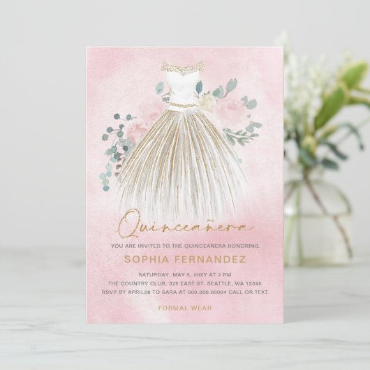 Blush Roze gouden glitter Bloemen Jurk Quinceañera Kaart (Staand voorkant)
