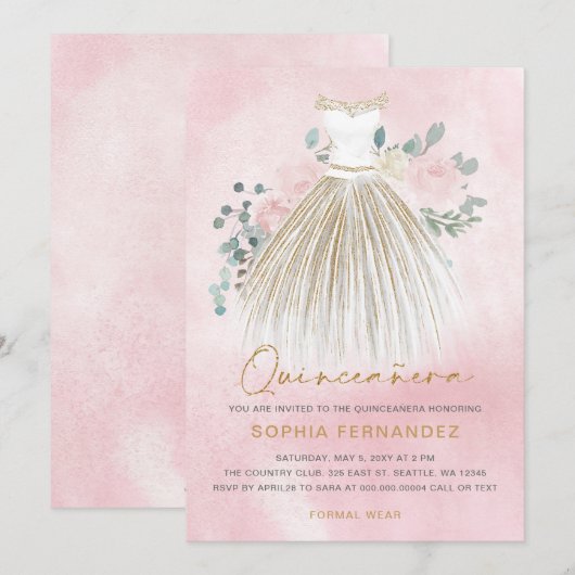 Blush Roze gouden glitter Bloemen Jurk Quinceañera Kaart (Voorkant / Achterkant)