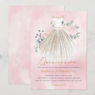 Blush Roze gouden glitter Bloemen Jurk Quinceañera Kaart