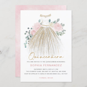 Blush Roze gouden glitter Bloemen Jurk Quinceañera Kaart