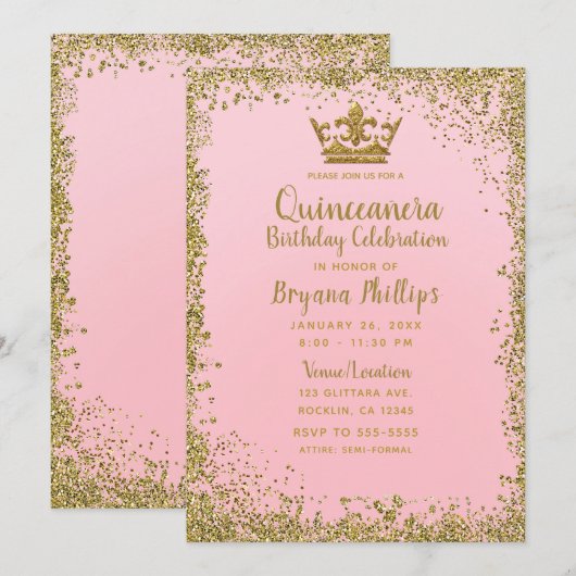Blush Roze & Gouden Glitter Kroon Quinceañera 15 Kaart (Voorkant / Achterkant)