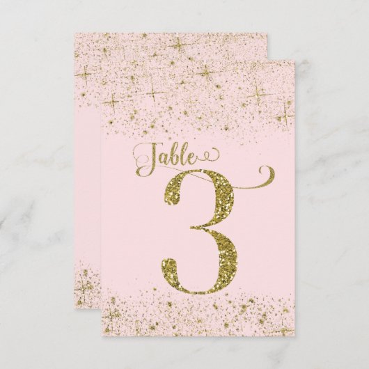 Blush Roze Gouden Glitter Tafelkaartjes Nummer 3 Kaart (Voorkant / Achterkant)