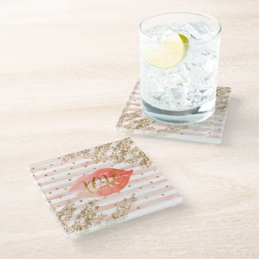 Blush roze gouden harten XOXO glitter lippen Glazen Onderzetter (Schuin)