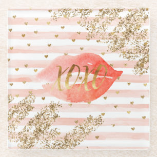Blush roze gouden harten XOXO glitter lippen Glazen Onderzetter