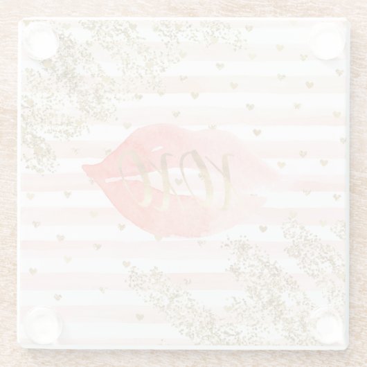 Blush roze gouden harten XOXO glitter lippen Glazen Onderzetter (Achterkant)