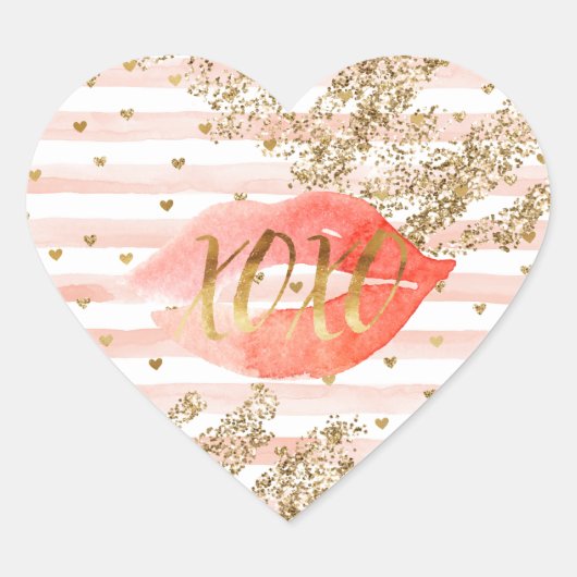 Blush roze gouden harten XOXO glitter lippen Hart Sticker (Voorkant)