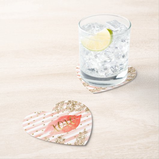 Blush roze gouden harten XOXO glitter lippen Kartonnen Onderzetters (Insitu)
