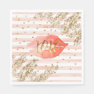 Blush roze gouden harten XOXO glitter lippen Servet
