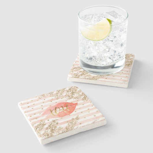 Blush roze gouden harten XOXO glitter lippen Stenen Onderzetter (Zijkant)