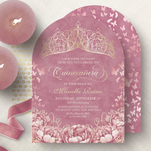 Blush Roze Gouden Koninklijke Prinses Quinceanera Kaart