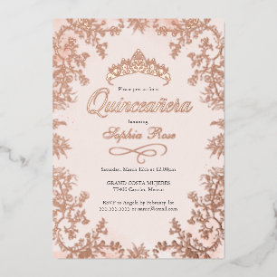 Blush Roze Gouden Kroon Bloemige Quinceanera Folie Uitnodiging
