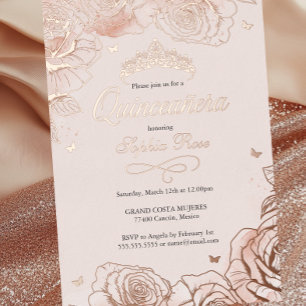 Blush Roze Gouden Kroon Rozen Thema Quinceanera Folie Uitnodiging