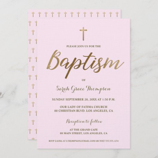 Blush Roze Gouden Kruis Custom Baby Meisje Doop Kaart (Voorkant / Achterkant)