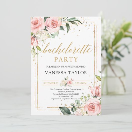 Blush roze gouden lijst boho vrijgezellenfeest kaart (Staand voorkant)