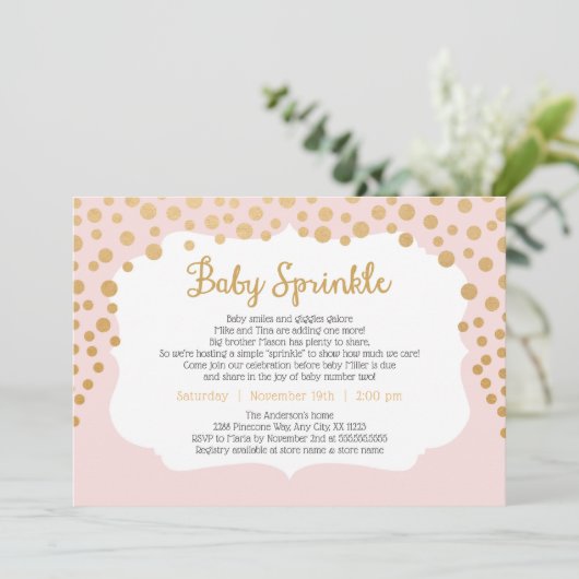 Blush roze gouden meisje baby sprinkle uitnodigen, kaart (Staand voorkant)