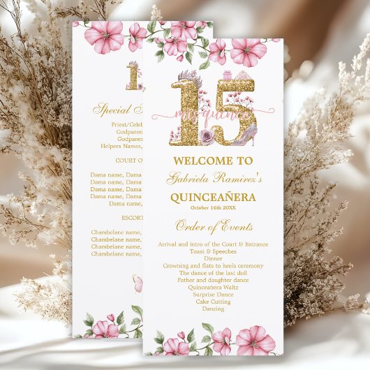 Blush Roze Gouden Mis Quince Quiñceanera Programmakaart