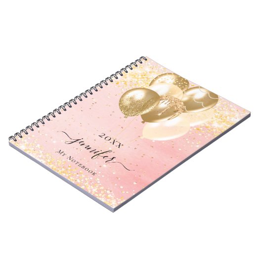 Blush roze gouden naam sparkles ballonnen notitieboek (Linkerzijde)