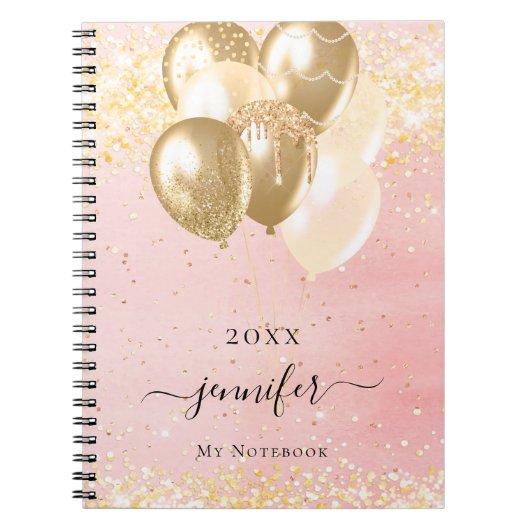 Blush roze gouden naam sparkles ballonnen notitieboek (Voorkant)