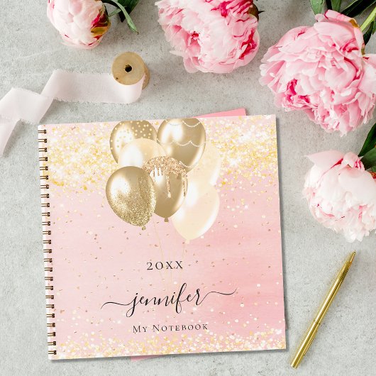 Blush roze gouden naam sparkles ballonnen notitieboek