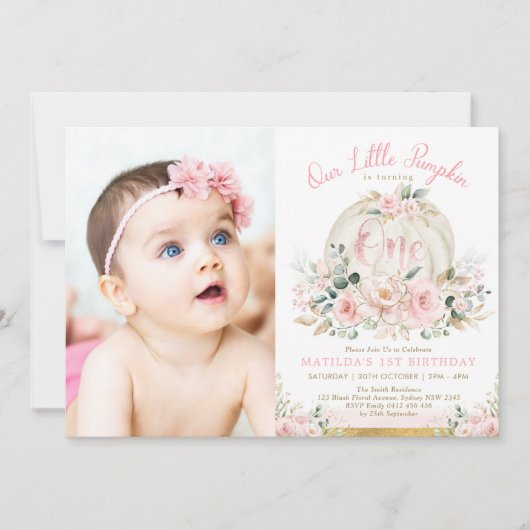 Blush Roze Gouden Pompoen 1e Verjaardag Herfst Blo Kaart (Voorkant)