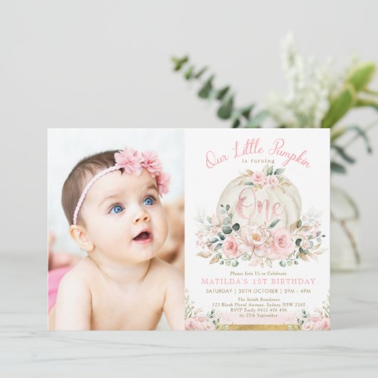 Blush Roze Gouden Pompoen 1e Verjaardag Herfst Blo Kaart (Staand voorkant)