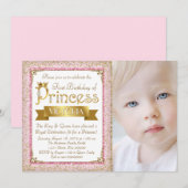 Blush roze gouden prinses eerste verjaardag kaart (Voorkant / Achterkant)