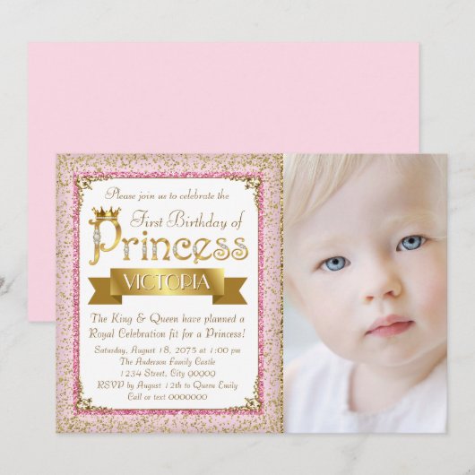 Blush roze gouden prinses eerste verjaardag kaart (Voorkant / Achterkant)