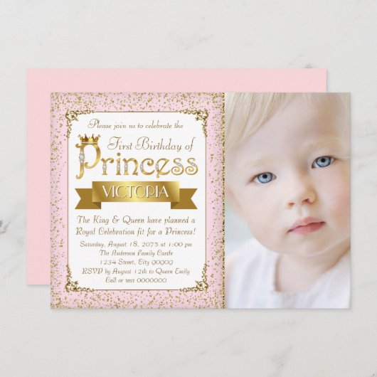 Blush roze gouden prinses eerste verjaardag uitnod kaart (Voorkant / Achterkant)