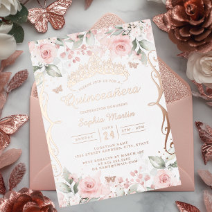 Blush Roze Gouden Quinceanera Folie Uitnodiging