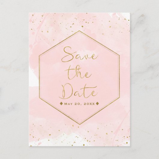 Blush Roze & Gouden Spatten Moderne 'Save the Date Aankondigingskaart (Voorkant)